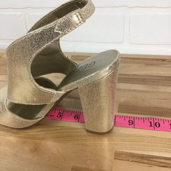 GUESS Gold glitter open toe chunky heeled large strappy sandals pumps size 7 - Picture 10 of 14